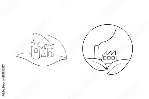 Two minimalist outlines comparing a medieval castle with an industrial factory design concept