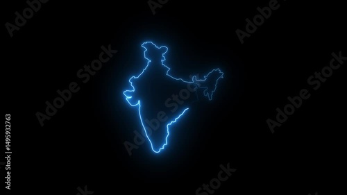 Neon glowing India map icon animation on dark background, digital outline of Indian subcontinent, ideal for technology themes, geographic visuals, patriotic designs, and futuristic interface graphics
