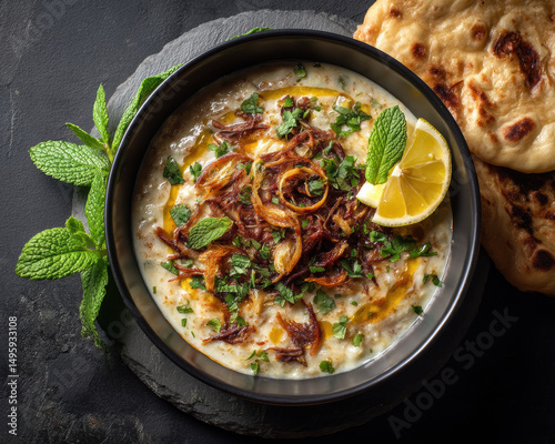 haleem bowl with lemon wedge mint garnish and naan on slate background
