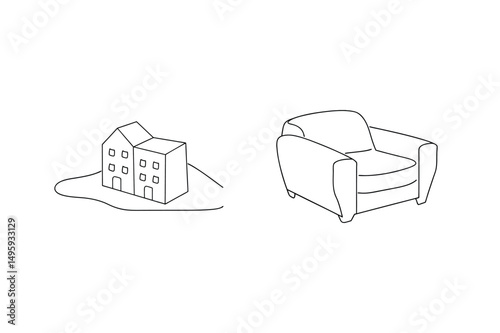 Vector illustration of a house and comfortable armchair in simple line art style