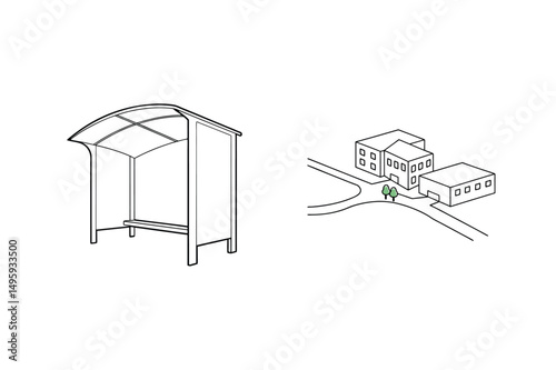 Architectural illustration of a bus stop and isometric view of modern buildings in outline style