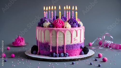 Delightful pink and purple birthday cake on gray