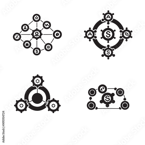 Business network financial system icons set