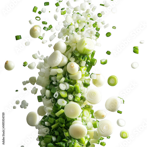 Falling chopped scallions isolated on transparent background