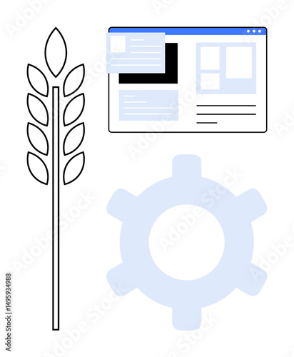 Web interface design, wheat stalk symbolizing agriculture, and a gear for process optimization. Ideal for tech integration, innovation, agriculture, research, productivity, sustainability digital