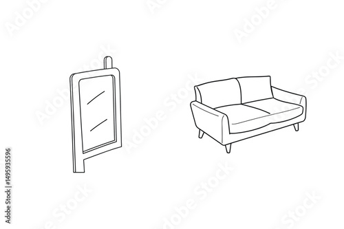 Simple modern sofa and mirror outline illustration concept for interior design and decoration