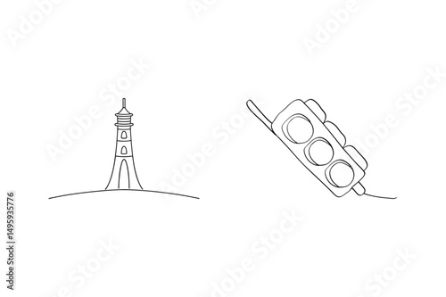 Simple line drawings of a lighthouse and traffic signal for minimalist design elements