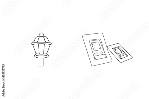 Black and white line art illustration of street lamp and light switch designs