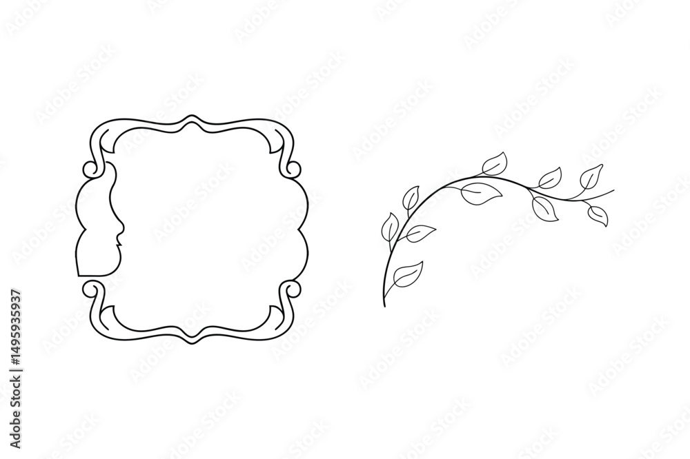 Elegant black and white frame and leafy branch design elements on white background