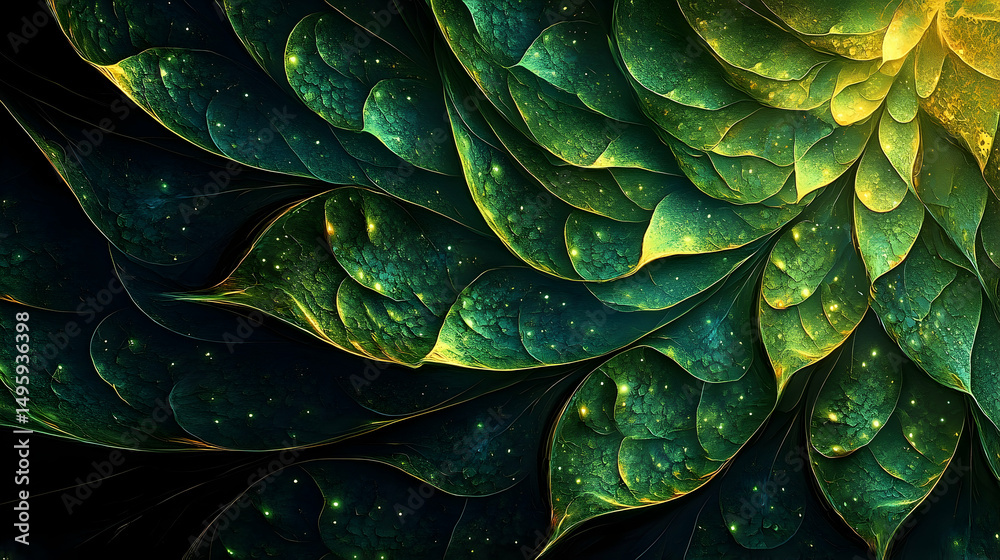Fototapeta premium Intricate design of layered, glowing emerald leaves.
