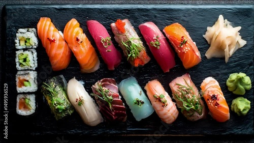 Sushi platter with various types of sushi