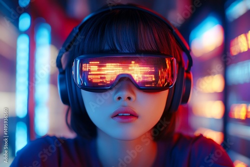 A terribly scared young girl with tt hair wearing in futuristic headphones with a headset sound recorder and in technological vr glasses looks at the led panel,. Innovator using robotic technology.