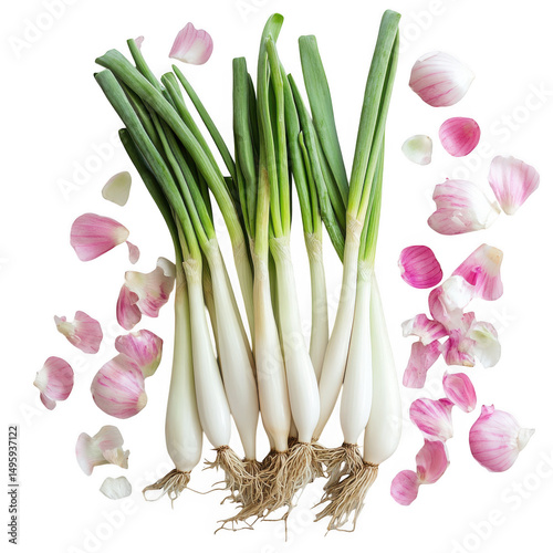 Spring onions with petals isolated on transparent background