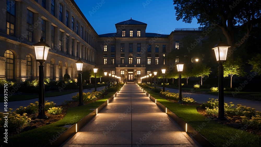 Fototapeta premium Enchanting nighttime garden pathway by historic building