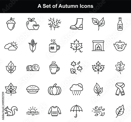 Autumnal Line Art Icon Set Seasonal Harvest, Nature Symbols, and Fall Elements