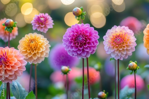 Vibrant dahlia blooms in a garden setting.  A close-up view of multiple dahlia flowers in various shades of pink, peach, and orange.  Soft focus background photo