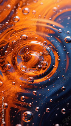 Abstract Macro of Intertwined Blue and Orange Liquids with Bubbles