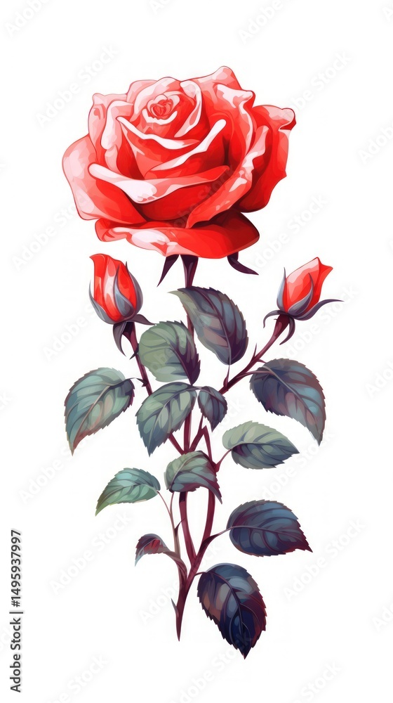 Obraz premium Vibrant Red Rose with Buds and Leaves Illustration