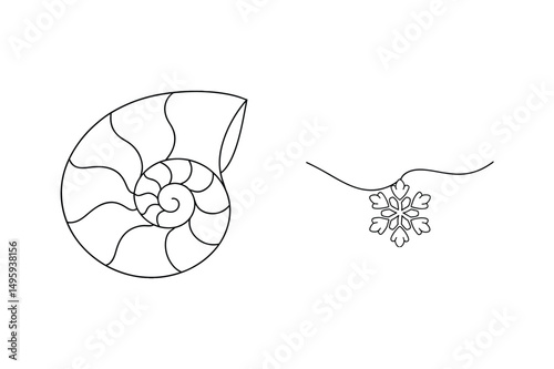 Minimalist line drawing of a nautilus shell and hanging snowflake on white background