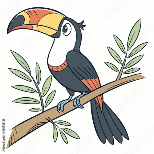 Cartoon colorful tropical toucan bird sitting on a branch. Vector illustration isolated on white background. Side view.