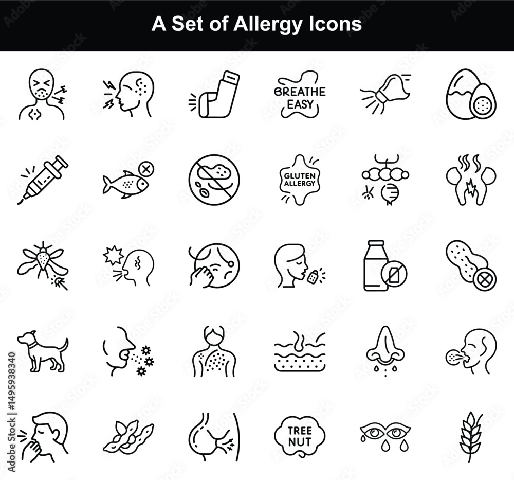 Line Icon Set Illustrating Common Food Allergy Symptoms and Triggers on Transparent Line Icon Set Illustrating Common Food Allergy Symptoms and Triggers on Transparent
