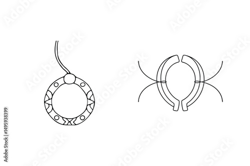 Minimalist black and white illustration of two circular pendant and abstract shapes