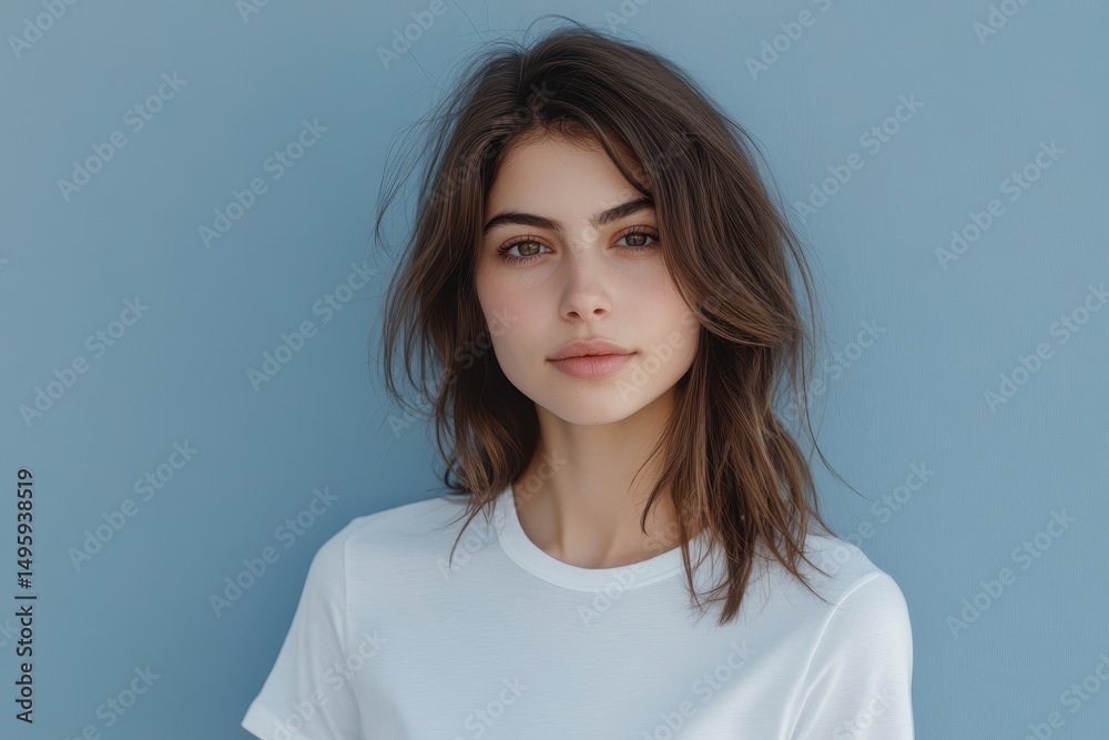 Fototapeta premium Charming Female Portrait: Easygoing Brunette in Casual White Tee Exuding Beauty Against Tranquil Blue Backdrop