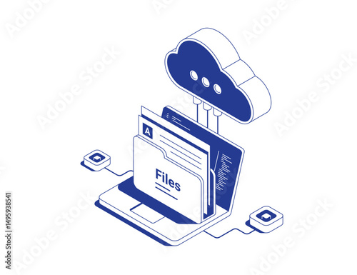 Cloud storage concept with laptop, document folder and floating cloud icon connected to small servers by data flows in isometric line contour vector illustration.