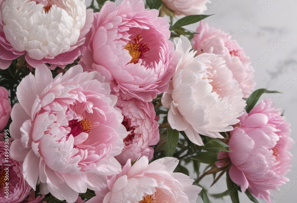 Obraz premium Close-up shot of pink peony and rose bunch Plenty of white space , beautiful, summer, fresh