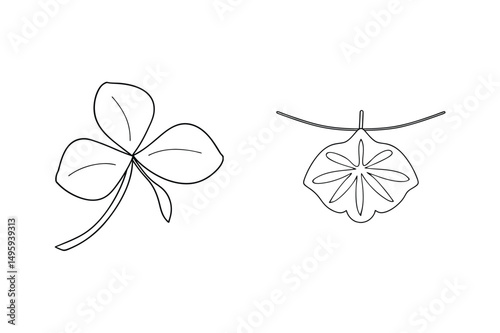 Minimalist illustration of shamrock and decorative floral element in black outlines
