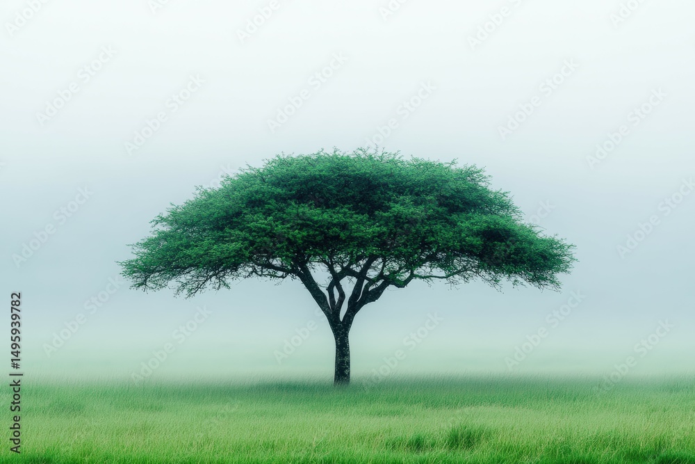 Fototapeta premium Single acacia tree standing alone in a vast open grassy field surrounded by soft morning fog and muted light, creating a peaceful minimalistic nature landscape composition