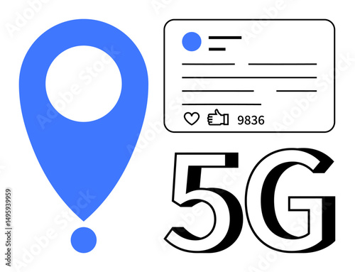 Blue location pin, social media post layout with engagement stats, bold 5G text. Ideal for connectivity, technology, digital communication, navigation, mobile networking, marketing and simple