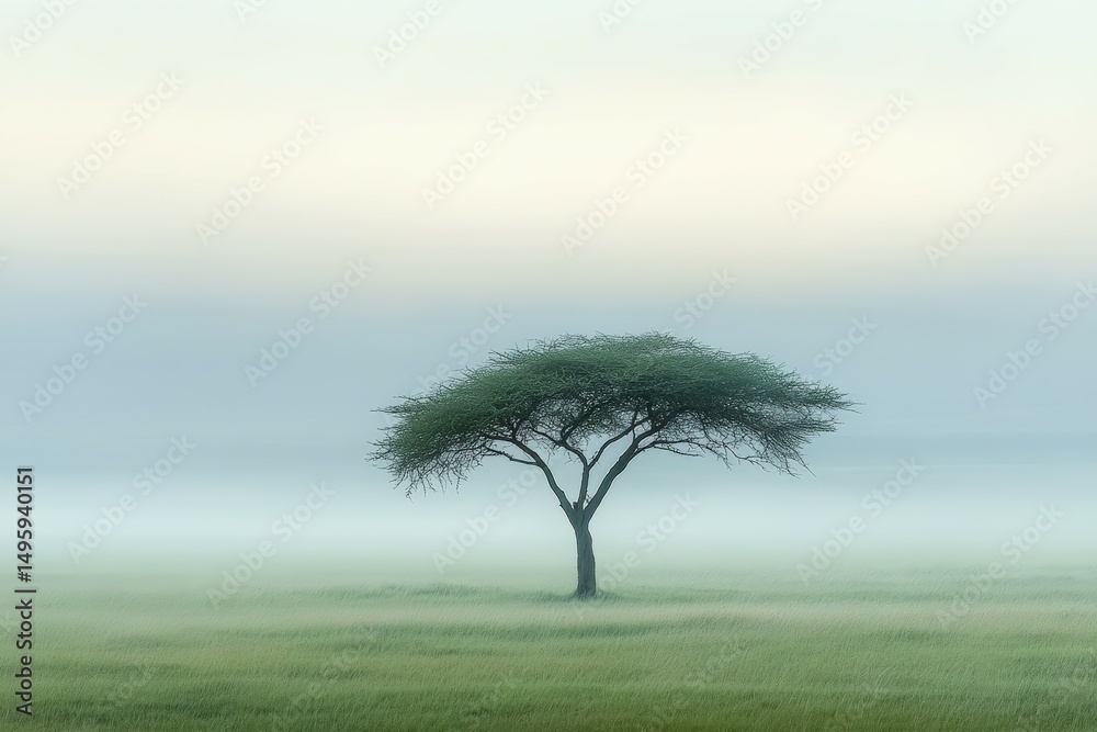 Obraz premium Single acacia tree standing alone in a vast open grassy field surrounded by soft morning fog and muted light, creating a peaceful minimalistic nature landscape composition