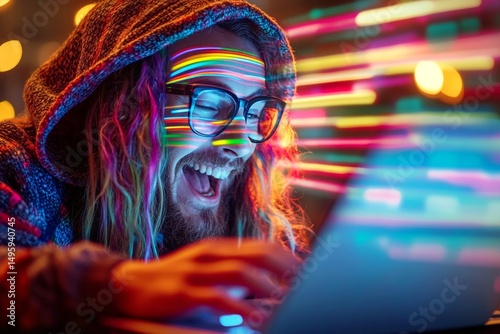 Tech geek coding. Statistics are projected onto his face. A smiling widely caucasian midlife man with multi-color hair, in a hoodie with a hood pulled up, staring at the display of a chromeboo.