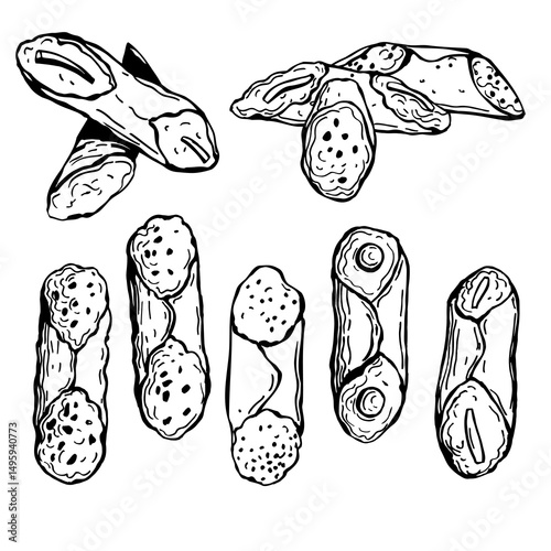 Hand-drawn cannoli,  Italian dessert. Vector sketch illustration.