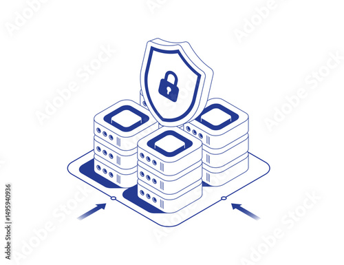 Secure data center concept with server rack featuring shield and lock icon symbolizing database protection in isometric line contour vector illustration for web design.