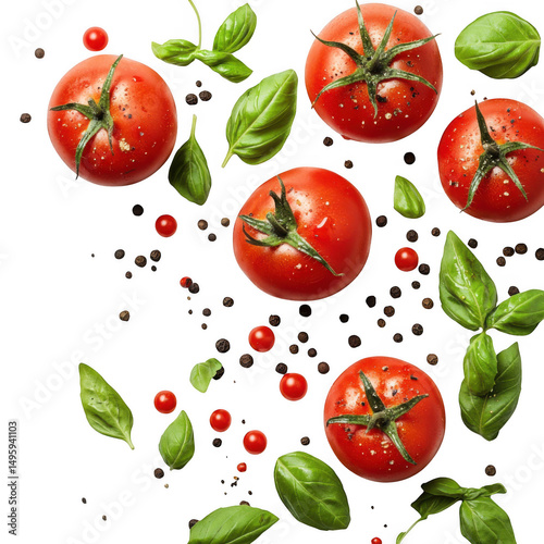 Fresh tomatoes, basil leaves isolated on transparent background