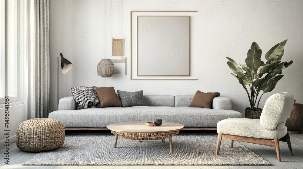 Fototapeta premium A modern living room, Scandinavian style, shows a mockup poster frame. It's a 3D rendering. 