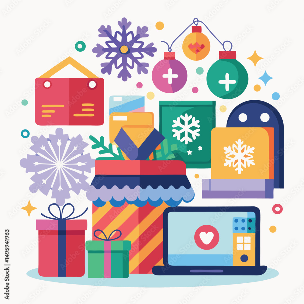 Naklejka premium Online Christmas Gift Shopping Festive Illustration