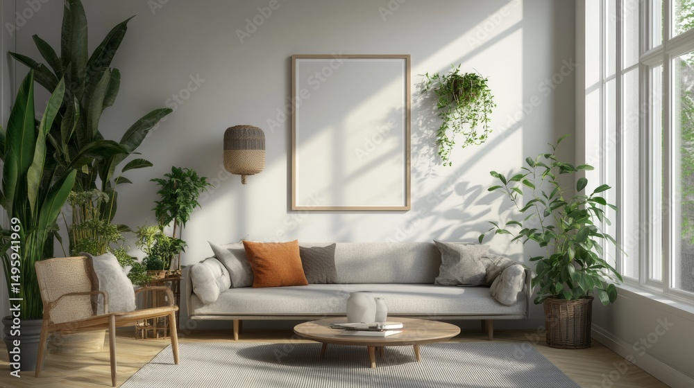 Fototapeta premium A modern living room, Scandinavian style, shows a mock-up poster frame. It's a 3D image.