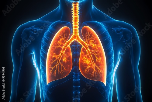 A detailed, vibrant 3D anatomical illustration showcasing the human lungs within the chest cavity photo