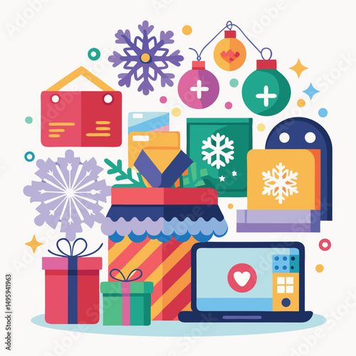 Online Christmas Gift Shopping Festive Illustration