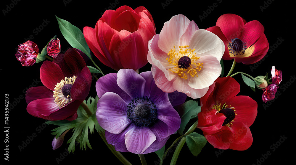 Fototapeta premium A vibrant arrangement of red, purple, and white anemone flowers blooms beautifully against a stark black background, creating a stunning floral still life.
