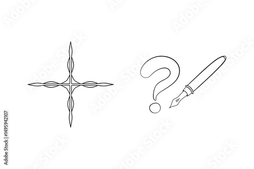 Elegant cross and question mark with fountain pen in black and white illustration