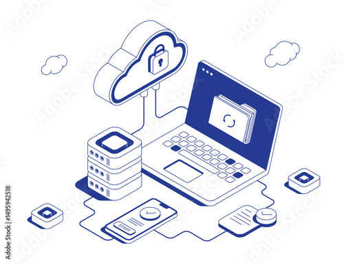 Secure cloud authentication system with laptop login, mobile verification and locked cloud service connected by data flows in isometric line contour vector illustration.