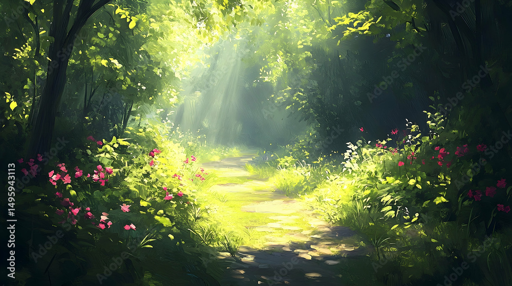 Fototapeta premium Sunlight streams through a tranquil forest path lined with wildflowers.
