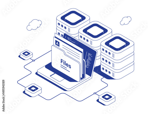 Cloud server management concept with laptop uploading files to connected server racks via data flows and character at control panel in isometric line contour vector illustration.