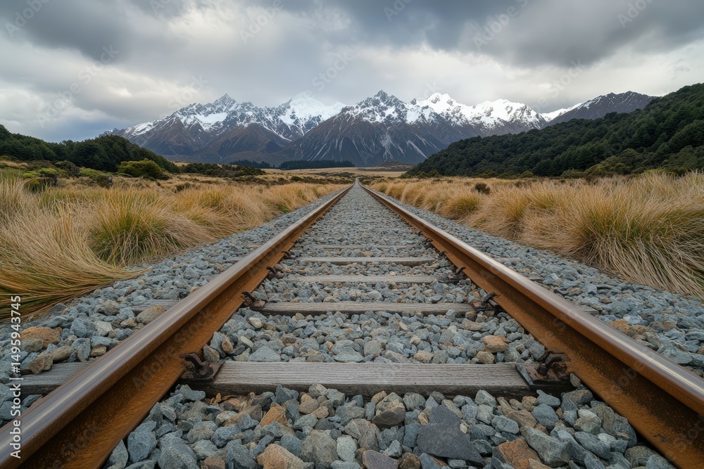 Fototapeta premium Railroad tracks leading into the distance toward majestic snow-covered mountains under a dramatic cloudy sky in a scenic landscape of wild grass and rugged natural beauty
