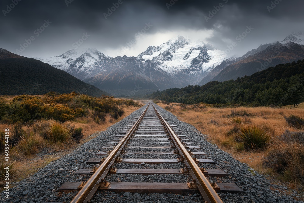 Fototapeta premium Railroad tracks leading into the distance toward majestic snow-covered mountains under a dramatic cloudy sky in a scenic landscape of wild grass and rugged natural beauty