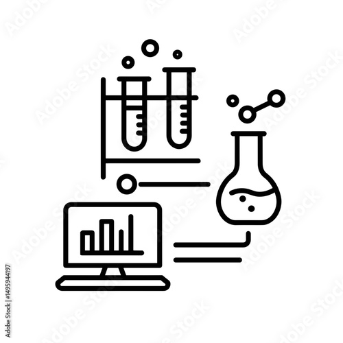 Quality control lab icon with test tubes and computer graphic  